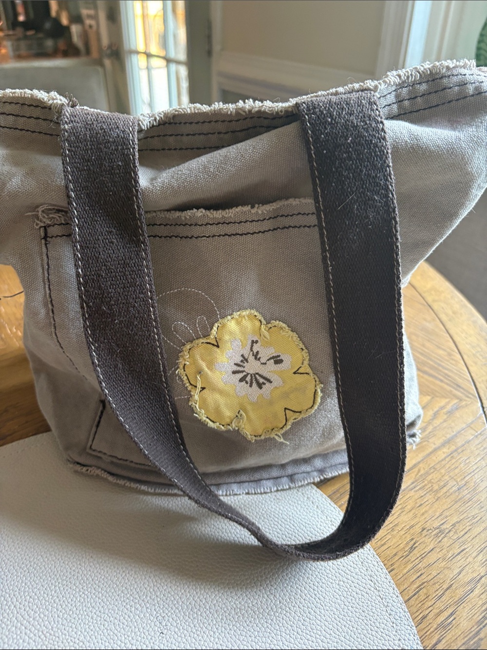 thirty-one Gray Canvas Tote with Yellow Floral Patch